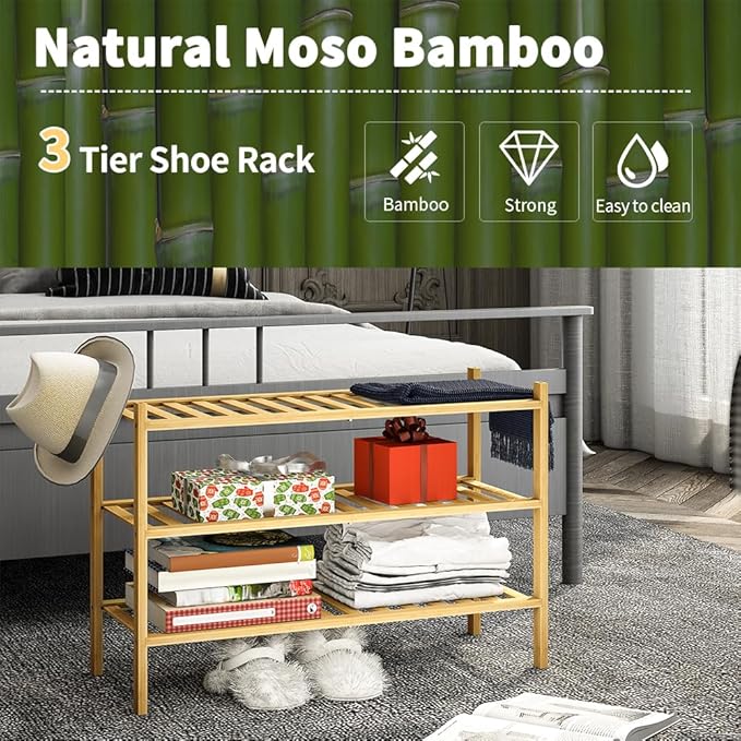 3-Tier Bamboo Shoe Rack for Entryway, Stackable | Heavy Duty | Multi-Function, Free Standing Shoe Racks for Bedroom Hallway Closet