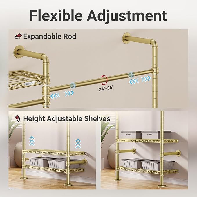 Timate X3 Expandable Heavy Duty Clothes Rack Wall Mounted Clothing Rack for Hanging Clothes, Industrial Pipe Closet System for Walk in Closet Kit, Wall Mount Clothes Rack with Basket, Gold Wall Closet