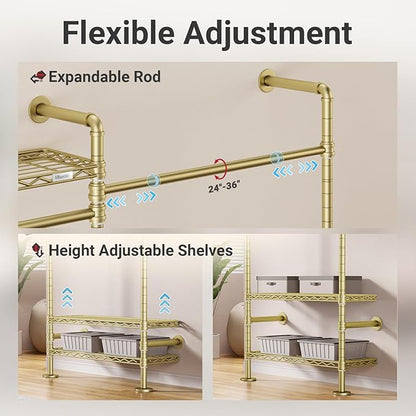 Timate X3 Expandable Heavy Duty Clothes Rack Wall Mounted Clothing Rack for Hanging Clothes, Industrial Pipe Closet System for Walk in Closet Kit, Wall Mount Clothes Rack with Basket, Gold Wall Closet