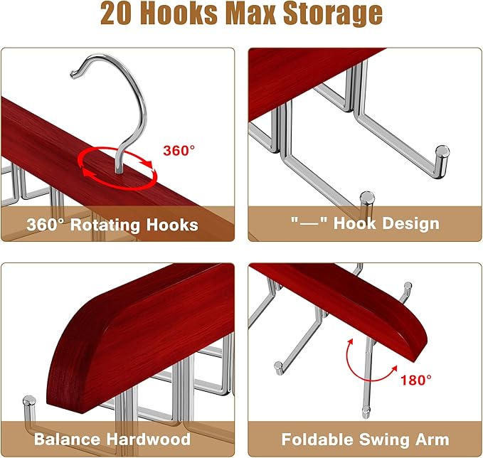 Tie Rack Hanger for Closet, 2 in 1 Belt Tie Hangers with 20 Folding Hooks, 360 Degree Rotating Wooden Tie Holder Organizer for Men Ties Belts Scarves Tank Tops Accessories, Walnut (2 Pack)
