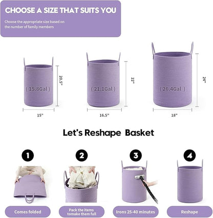 Laundry Basket Hamper Tall Rope Storage Woven for Blanket toys Dirty Clothes in Living Room Bathroom Bedroom (Purple, 80L/21.3Gal)