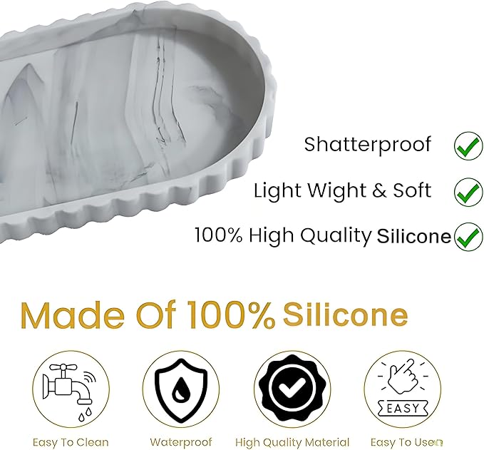 Silicone Vanity Tray Organizer 12"x5.3" White Marble Lace Edge for Countertop Catchall for Perfume Candles Jewelry Dish Perfume Trays for Vanity Bathroom Decorative Tray for Kitchen Counter