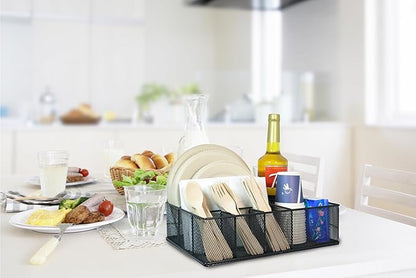 Metal Paper Plate Organizer & Utensil Holder for Countertop, Silverware Caddy Cutlery Flatware Organizer for Plastic Cup Forks Spoon Napkins, Paper Plate Holder for Picnic Camping Party