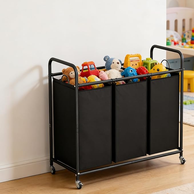 LINZINAR 3-Bag Laundry Basket, Black Laundry Hamper, 35.6 Gal(135 L) Laundry Sorter Cart Laundry Room Organization with Heavy Duty Rolling Lockable Wheels and Removable Bags