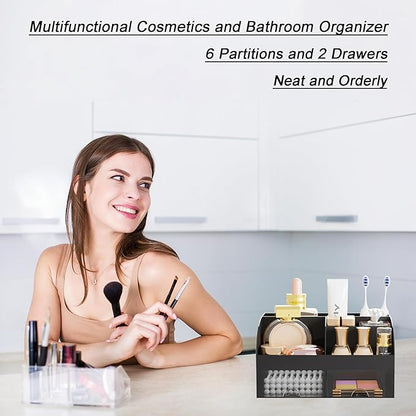 Makeup Organizer with 2 Drawers, Cosmetic Storage for Dresser Vanity and Bathroom Countertop,Make up organization and Skincare Storage with Beauty Brush Holder, Cosmetic Display Case (Black)