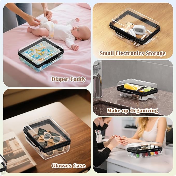 3PCS Clear Hard Shell Zipper Case, Portable Storage Box for Makeup, Toiletry, Travel, Durable and Waterproof Storage Bins, Grade Plastic Zipper Case, Cosmetic Bag (Black)