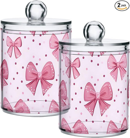 Pink Bows Qtip Holder with Lid,2Pack Clear Plastic Apothecary Jars Bathroom Storage Containers for Cotton Swab,Cotton Ball,Floss Picks,Tea,Coffee