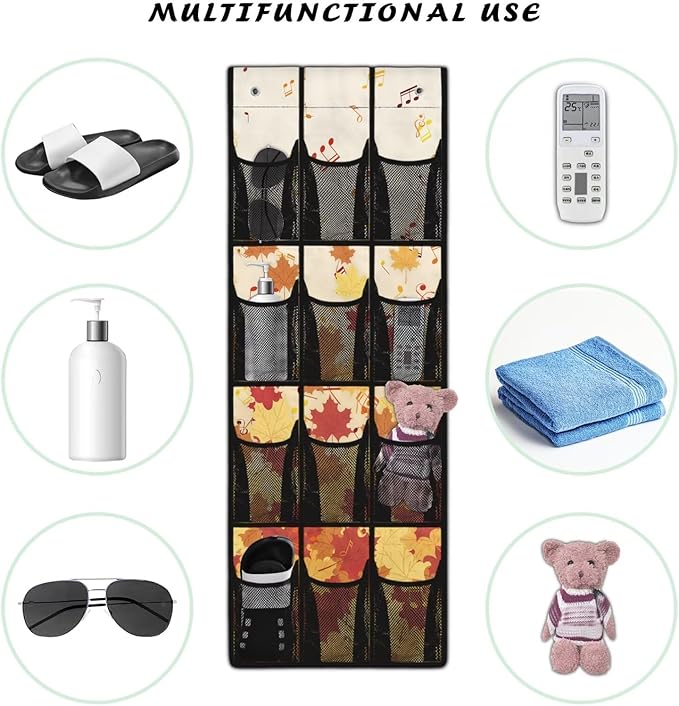 Behind Door Organizer for Dorm Room Essentials Autumn for Maple Leaves Over The Door Organizer Multi-Funtion Storage Bag Wall Hanging Storage,4 Metal Hook with 12 Pockets