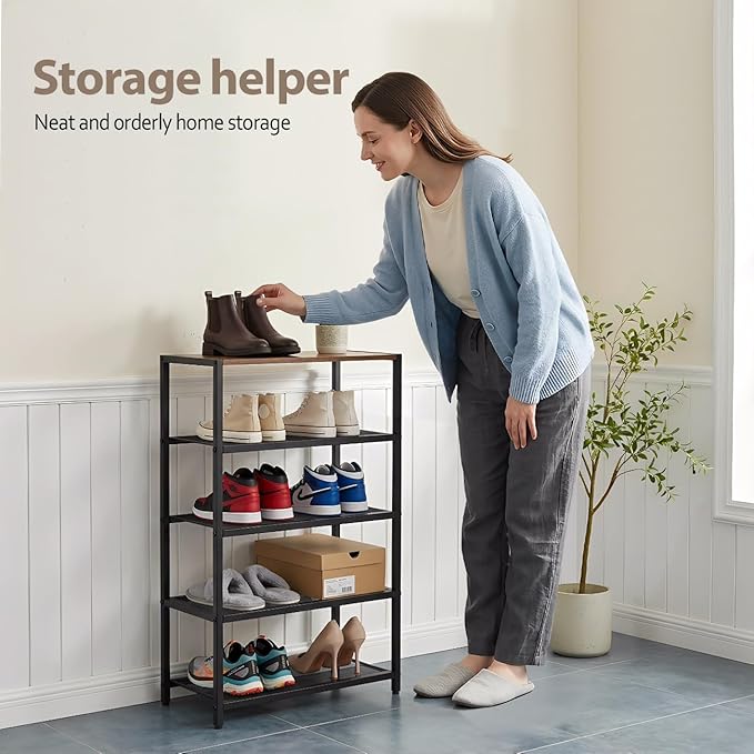 Narrow Shoe Rack for Front Door Entrance, Entryway, and Closet Shoe Organizer with 4 Sturdy Metal Mesh Shelves and Wooden Top, Holds 10 Pairs, Ideal for Storage or Display