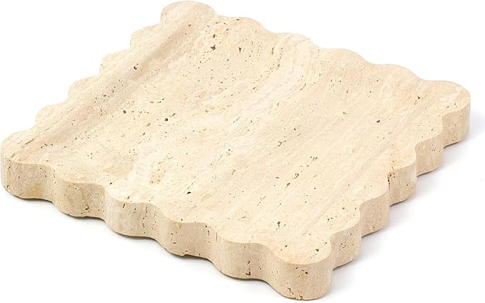 Square Travertine Vanity Tray with Scalloped Edge - Natural Stone Perfume Tray Decor for Dresser, Vanity, Kitchen, Home Decor, Decorative Square Stone Tray - Travertine 8 * 8 inch