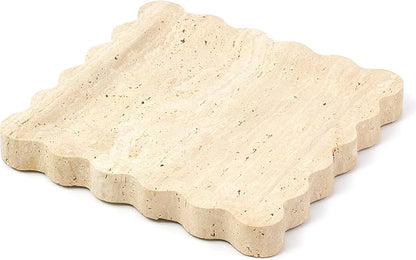 Square Travertine Vanity Tray with Scalloped Edge - Natural Stone Perfume Tray Decor for Dresser, Vanity, Kitchen, Home Decor, Decorative Square Stone Tray - Travertine 8 * 8 inch
