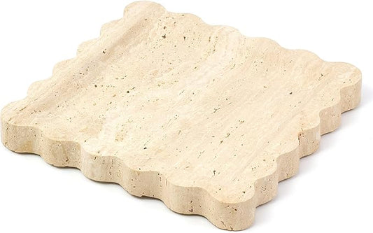 Square Travertine Vanity Tray with Scalloped Edge - Natural Stone Perfume Tray Decor for Dresser, Vanity, Kitchen, Home Decor, Decorative Square Stone Tray - Travertine 8 * 8 inch