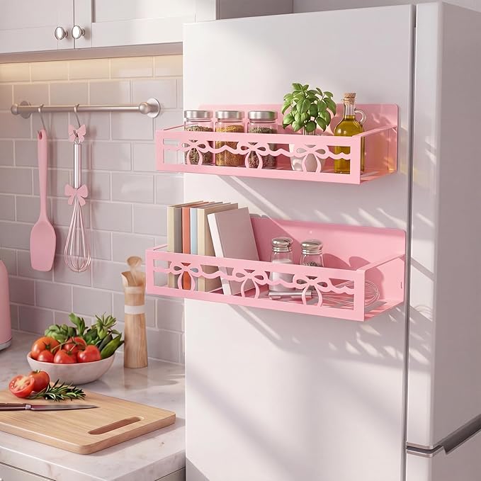 Beeveer 2 Pack Lace Bow Magnetic Spice Rack for Refrigerator Metal Magnet Basket Shelf for Fridge Seasoning Storage Organizers Home Decor Kitchen Accessories (Pink)