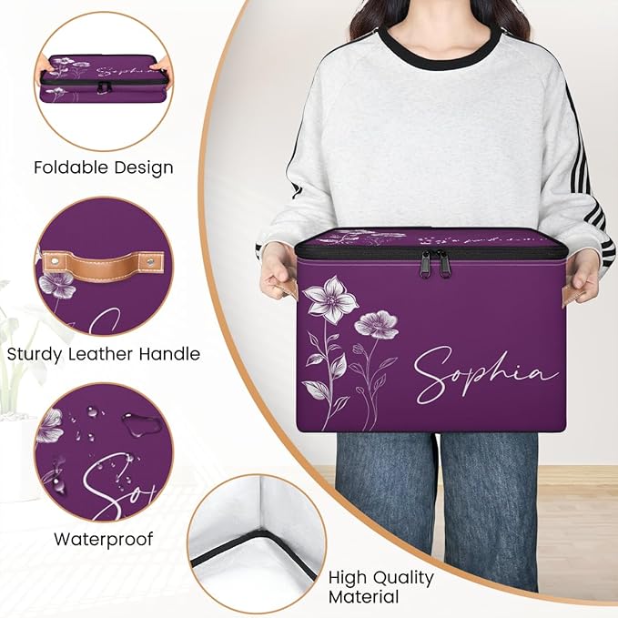 Custom Flower Storage Bins with Lid, Foldable Personalized Storage Basket Boxes with Handle Purple Shelf Basket Closet Organizer Cube