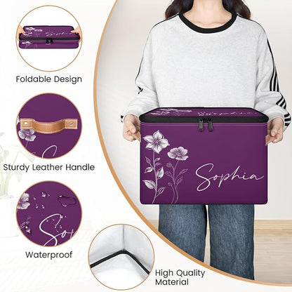 Custom Flower Storage Bins with Lid, Foldable Personalized Storage Basket Boxes with Handle Purple Shelf Basket Closet Organizer Cube