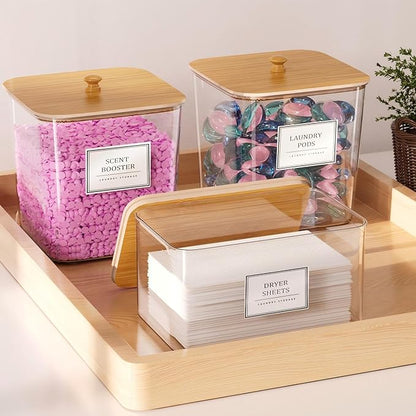 HomePekite Laundry Pods Storage Container, Clear Laundry Room Organization and Storage ,Detergent Powder Container,with Wooden Lids & Labels, 3+1 Pack