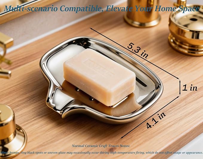 Silver-Plated Ceramic Soap Dish, Self-Draining Bar Soap Holder with U-Shaped Drainage, Decorative Soap Tray for Bathroom Shower & Kitchen Sink