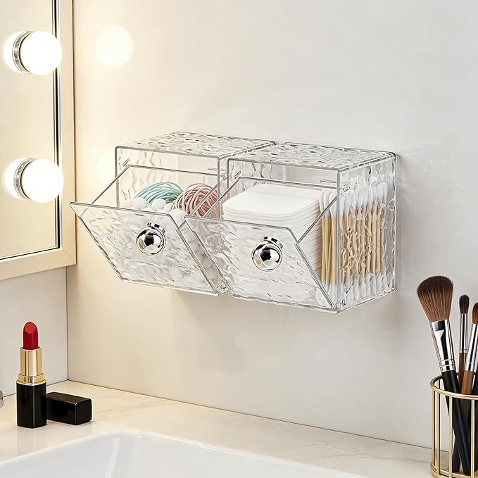 Qtip Holder Dispenser, Wall Mounted Plastic Cotton Pad Holder, Cotton Ball, Swabs, Floss, Makeup Organizers Containers for Vanity Bathroom (Clear, 2 Pcs)