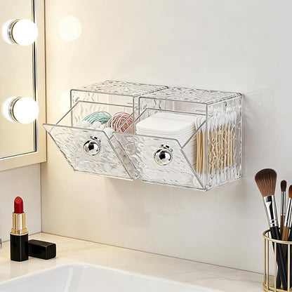 Qtip Holder Dispenser, Wall Mounted Plastic Cotton Pad Holder, Cotton Ball, Swabs, Floss, Makeup Organizers Containers for Vanity Bathroom (Clear, 2 Pcs)