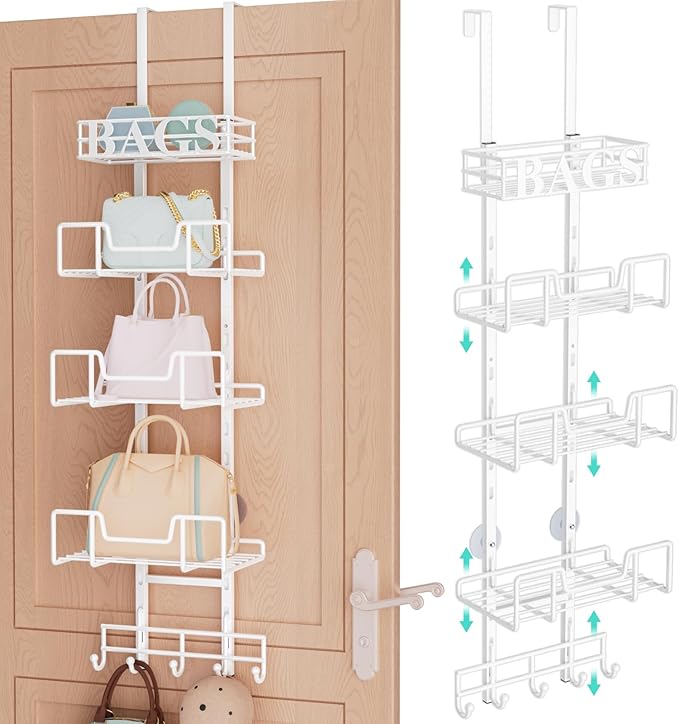 HapiRm Over Door Purse Organizer - Adjustable Purse Storage Rack with Bags Design Metal Basket, Wall Mounted Handbag Organizer, Hanging Handbag Holder, Can Use As 1/2 Part Detachable, White