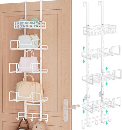 HapiRm Over Door Purse Organizer - Adjustable Purse Storage Rack with Bags Design Metal Basket, Wall Mounted Handbag Organizer, Hanging Handbag Holder, Can Use As 1/2 Part Detachable, White