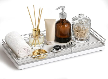 Bathroom Vanity Tray for Countertop, 12" x 6" Oak Wood Toilet Tank Tray with Metal Guardrail, Bathroom Organizer for Soap, Perfume & Skincare, Non-Slip Decorative Tray for Dresser, Sliver & White
