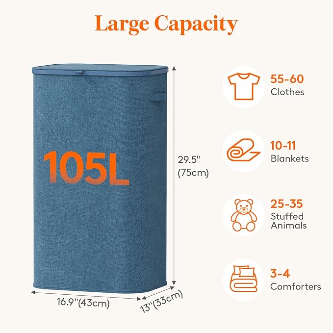 Lifewit 105L Large Laundry Basket with Lid, Laundry Hamper with Plastic Handles and Removable Bag, Foldable Tall Dirty Clothes Hampers for Laundry for Laundry Room, Bedroom, Bathroom, Dorm, Dark Blue