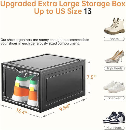 Clemate Upgraded X-Large Shoe Storage Box,12 Pack,Shoe Box Clear Plastic Stackable,Drop Front Shoe Box with Clear Door,Shoe Organizer Containers For Sneaker Display,Fit up to US Size12, Black