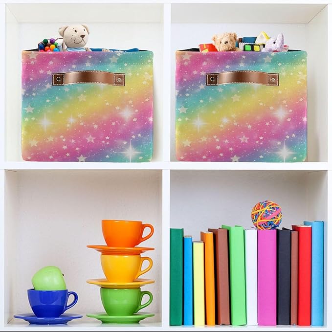 Rainbow Galaxy Storage Basket Bin, Large Cube Storage Box Canvas Collapsible Storage Organizer for Home Office Closet - 15 L x 11 W x 9.5 H