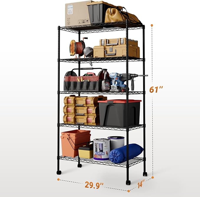 YSSOA Heavy Duty 5-Shelf Storage Shelving Unit, 1250lbs Loading Capacity, 29.92" D x 13.98" W x 62.99" H Adjustable Steel Organizer Wire Rack, Black, 2 Pack