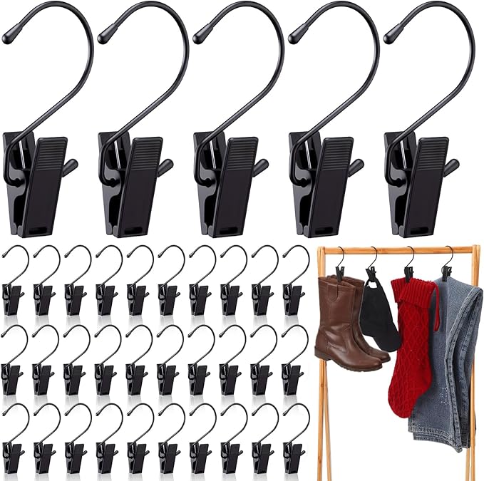 50 Pcs Boot Hangers for Closet Boot Hooks Pants Hangers with Clips Heavy Duty Black Clothes Clips for Legging Socks Towels Hats