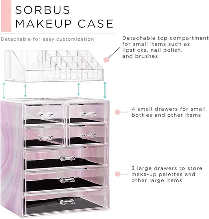 Sorbus Acrylic Makeup Organizer Set, 7-Drawer Vanity & Countertop Cosmetic Storage with Small & Wide Compartments, Tie Dye Makeup Storage for Brushes, Jewelry – Holiday Gift for Women & Teens