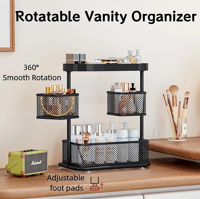 Bathroom Counter Organizer 3 Tier Rotating Cosmetic Holder Standing Shelf Vanity Bedroom Storage Cabinet Bathroom Tray for Countertop Storage Kitchen Spice Rack (Black, 3Tiers)