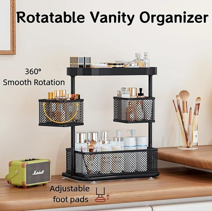 Bathroom Counter Organizer 3 Tier Rotating Cosmetic Holder Standing Shelf Vanity Bedroom Storage Cabinet Bathroom Tray for Countertop Storage Kitchen Spice Rack (Black, 3Tiers)