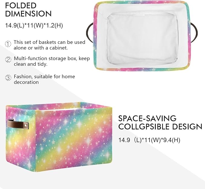 Rainbow Galaxy Storage Basket Bin, Large Cube Storage Box Canvas Collapsible Storage Organizer for Home Office Closet - 15 L x 11 W x 9.5 H