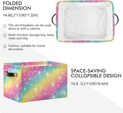 Rainbow Galaxy Storage Basket Bin, Large Cube Storage Box Canvas Collapsible Storage Organizer for Home Office Closet - 15 L x 11 W x 9.5 H