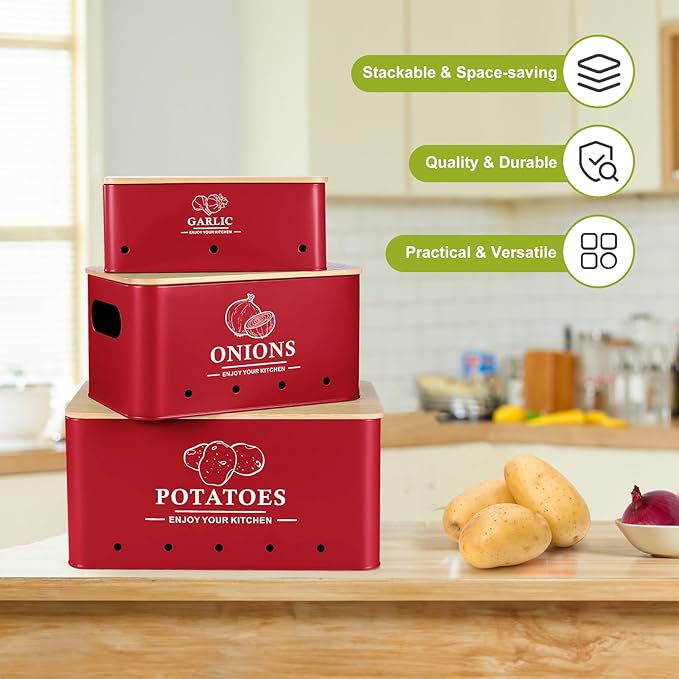 Kitchen Vegetable Storage Set of 3, Metal Onion Garlic Potato Storage Set, Kitchen Canisters Vegetable Keeper Containers with Aerating Holes and Wooden Lid (Red)