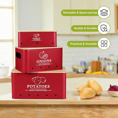 Kitchen Vegetable Storage Set of 3, Metal Onion Garlic Potato Storage Set, Kitchen Canisters Vegetable Keeper Containers with Aerating Holes and Wooden Lid (Red)