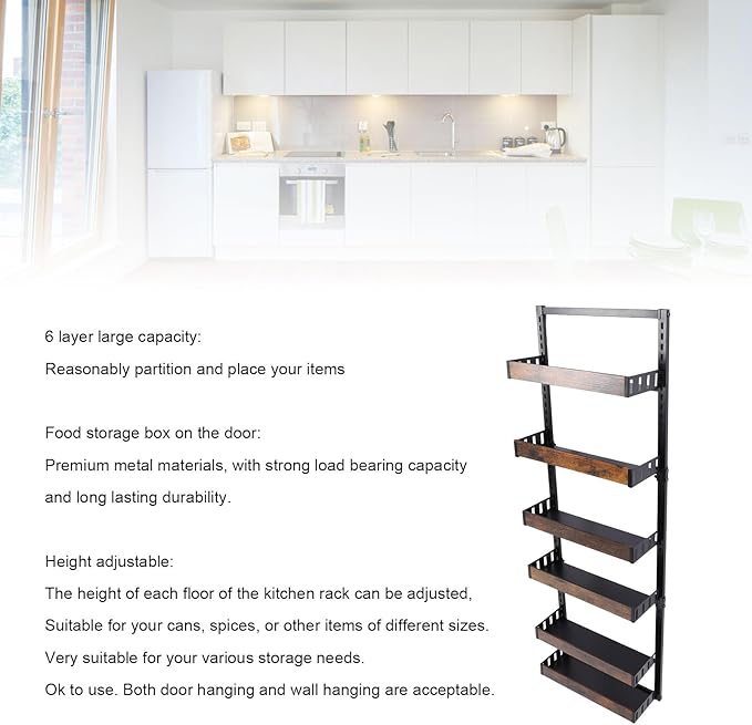 lyrlody 6 Tier Over The Door Pantry Organizer, Pantry Organization and Storage, Hanging Basket Wall Rack Shelves, Seasoning Shelves, Home Kitchen Bedroom Bathroom House Essentials
