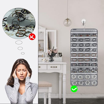 80 Zippered Pockets Hanging Jewelry Organizer for Holding Jewelries Dual-Sided Accessory Display Holder for Earrings Bracelets Rings (80 Zippered Pockets-Grey)