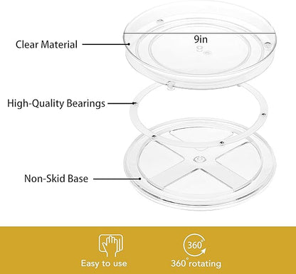 URALFA 9 Inch Lazy Susan Spice Rack Organizer, 360 Degree Rotating Round Lazy Susan Turntable for Cabinet, 2-Pack, Clear