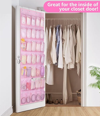 MISSLO 35 Large Pockets Over The Door Shoe Organizer Sturdy Oxford Fabric Hanging Shoe Rack for Door Mesh Closet Shoe Holder Hanger, Pink