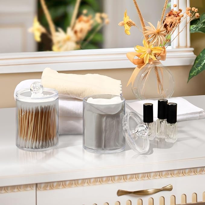 Grey Qtip Dispenser Apothecary Jars Bathroom Qtip Holder Storage Canister 10 Oz Plastic Jar for Cotton Ball Swab Round Pads Floss 2pcs