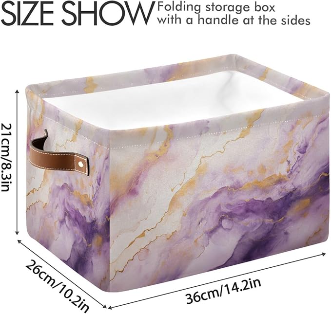 Large Storage Basket Purple Gold Marble Storage Bin Cube Canvas Fabric Organizer Handles Collapsible for Clothes Toys Bedroom Decorative