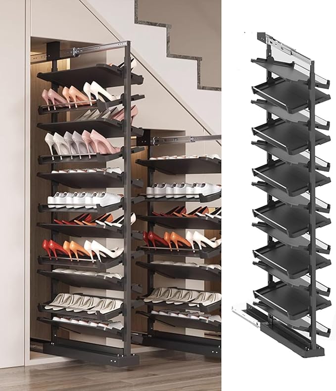 Pull-Out Shoe Rack Organizer for Closet Shoe Cabinet,Adjustable Height Retractable Metal Stackable Shoe Rack, Vertical Shelf Organizer for Small Bedroom Closet, Space Saving Storage, Black(75cm,13 Tie