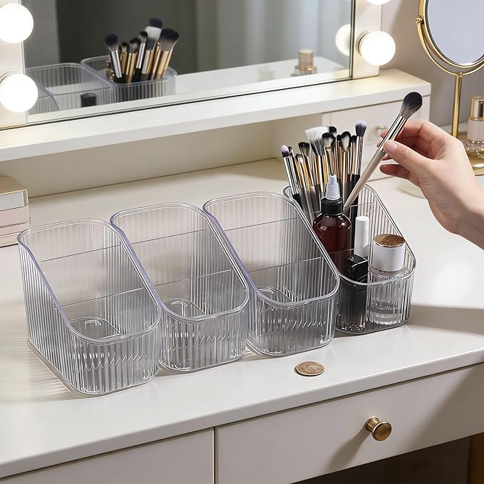 4 Pcs 3 Slot Makeup Brush Holder, Vintage striped Make Up Brush Holder Cosmetic Brushes Container Cosmetic Display Case for Vanity Decor Perfume Hairbrush Desk Accessories, Clear