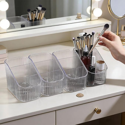 4 Pcs 3 Slot Makeup Brush Holder, Vintage striped Make Up Brush Holder Cosmetic Brushes Container Cosmetic Display Case for Vanity Decor Perfume Hairbrush Desk Accessories, Clear