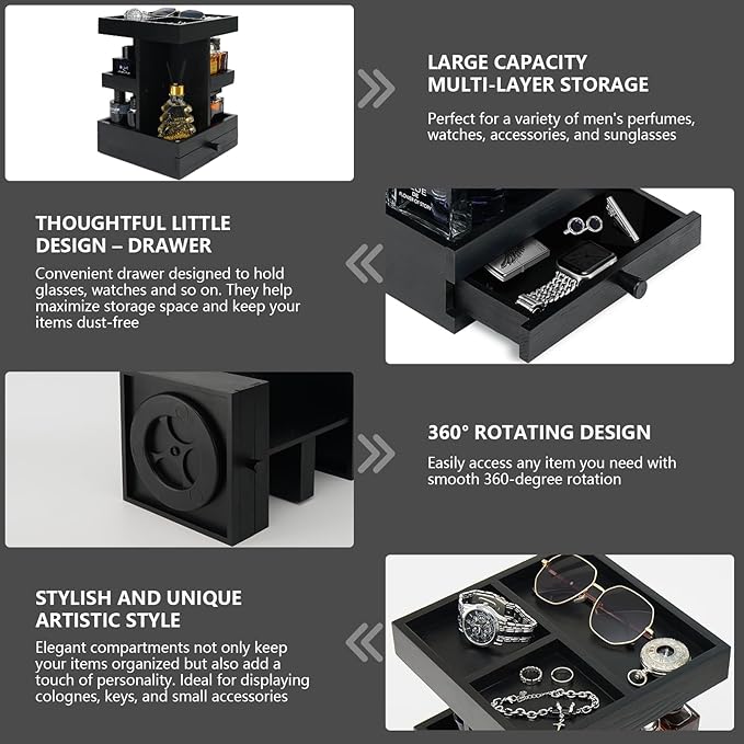 Rotating Cologne Organizer for Men – Black Wooden Perfume Stand with Dual Drawers, Multi-Tier Fragrance Display & Jewelry Storage for Dresser or Bathroom