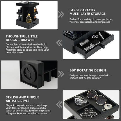 Rotating Cologne Organizer for Men – Black Wooden Perfume Stand with Dual Drawers, Multi-Tier Fragrance Display & Jewelry Storage for Dresser or Bathroom