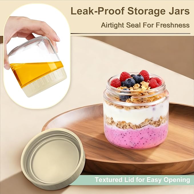Overnight Oats Containers with Lids, 10oz Wide Mouth Mason Jars with Lids, 6 Pack Glass Jars with Airtight lid for Chia Pudding Yogurt Salad, Meal Prer Oatmeal Jars, Yellow
